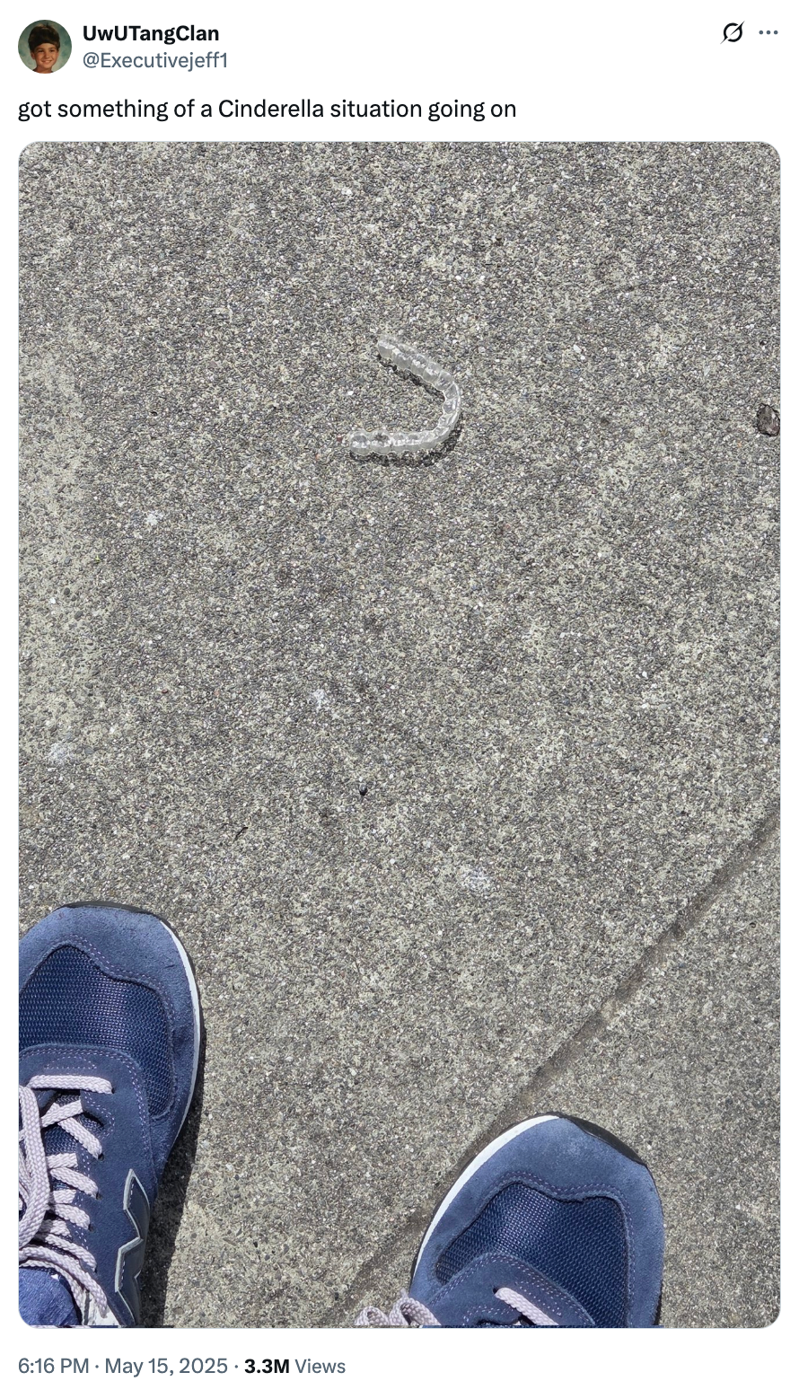 Broken shoelace on a sidewalk, next to a pair of blue sneakers. Tweet humorously compares the scene to a Cinderella moment