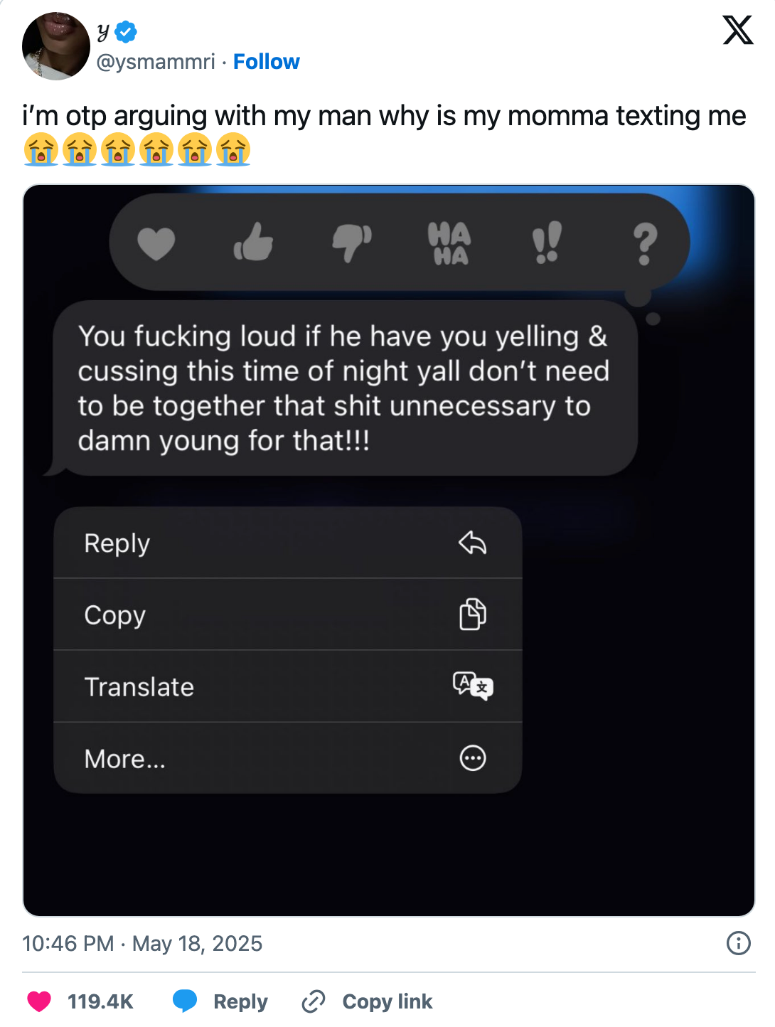 Screenshot of a tweet showing a text conversation where someone is being criticized for loud arguments at night, with crying emojis