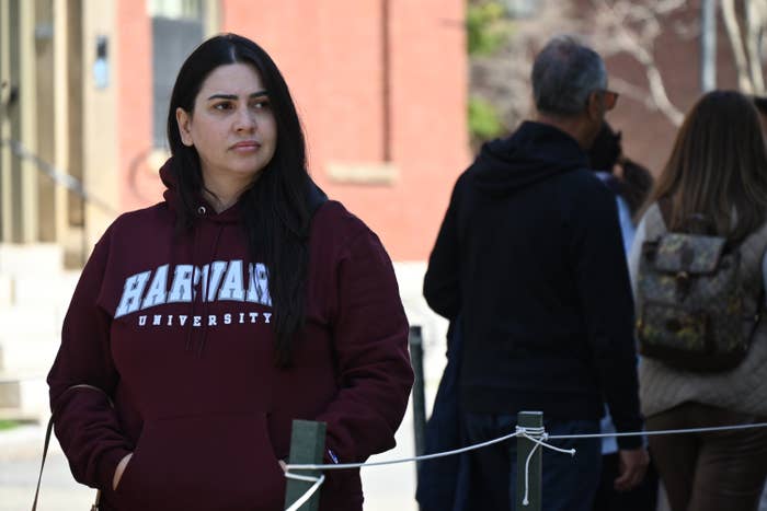 Person successful a Harvard University hoodie stands extracurricular among a radical of people
