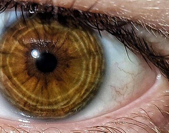 Close-up of a human eye with detailed iris and visible reflection, showing intricate patterns in the eye's structure