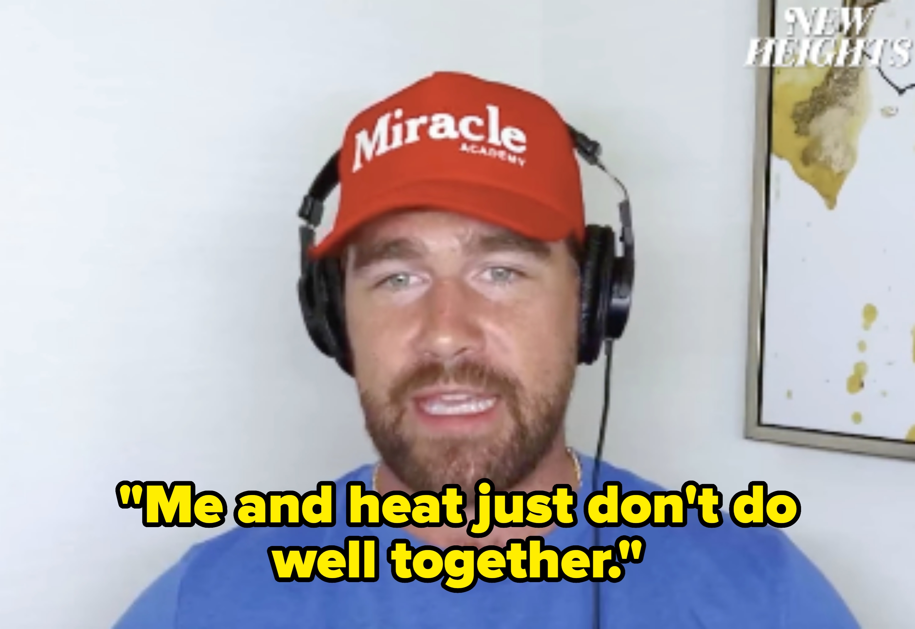 Person wearing headphones and a red hat with "Miracle Academy" on it, speaking to the camera. "New Heights" is visible in the corner