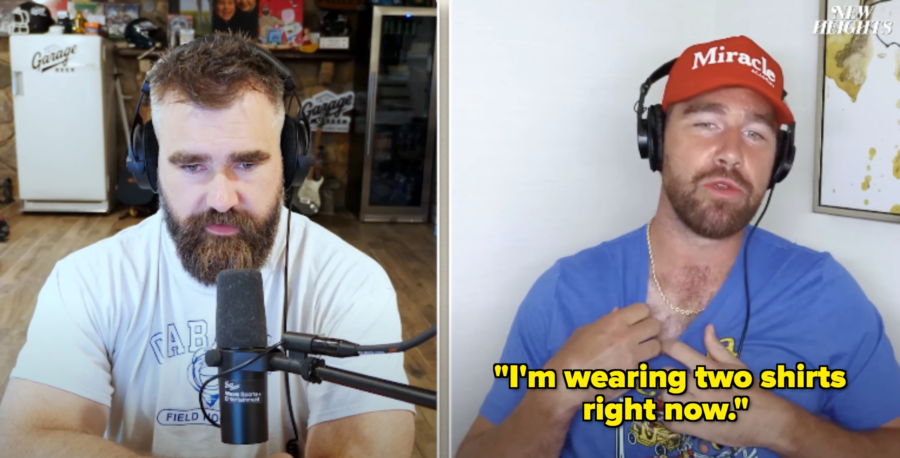 Two men podcasting remotely; one with headphones and a t-shirt, the other in a blue shirt and red cap, both talking into microphones