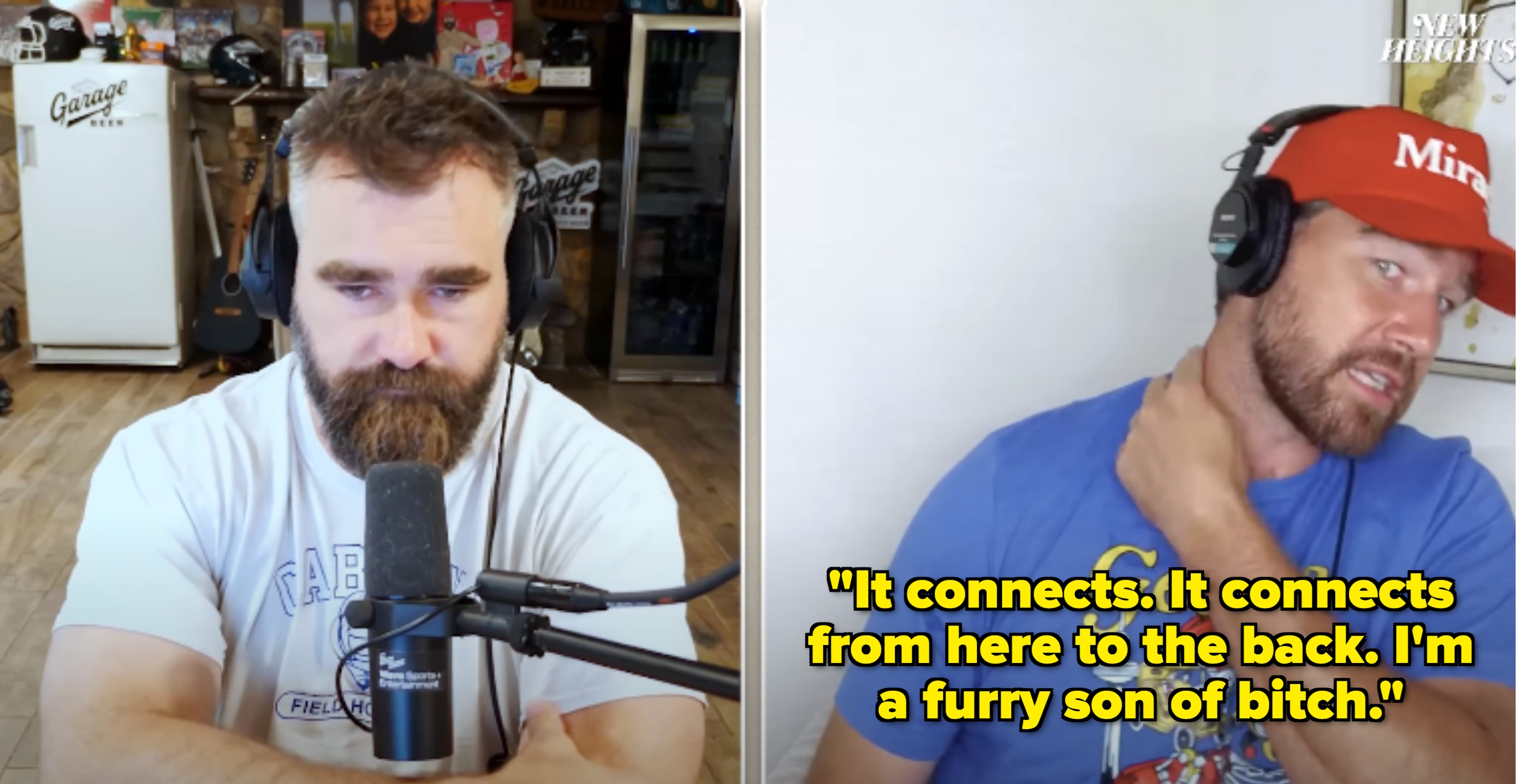 Two men with headsets speaking into microphones, one wearing a graphic T-shirt, the other adjusting his neck, in a podcast setup