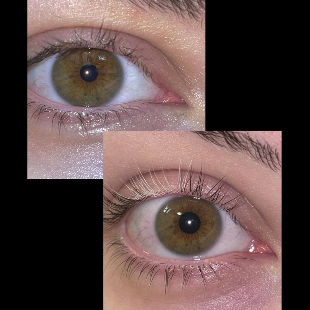 Close-up images of two eyes with brown irises and visible eyelashes