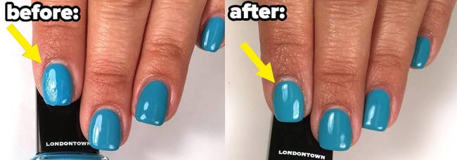 A nail polish smudge earlier  and aft  the corrector