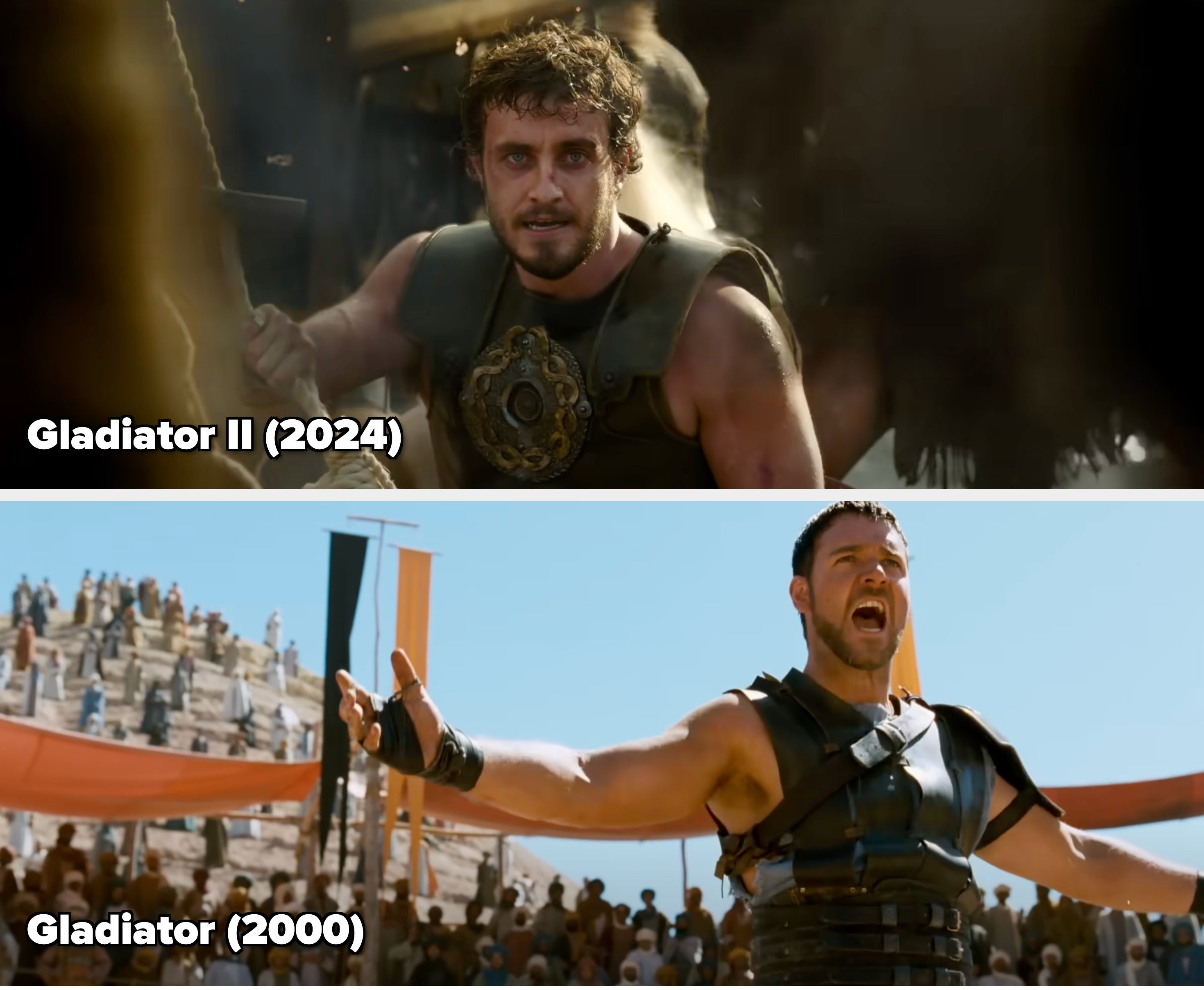 A person in a fantasy or historical setting, wearing armor with a circular emblem, looks intently forward, amid a scene of action and intensity