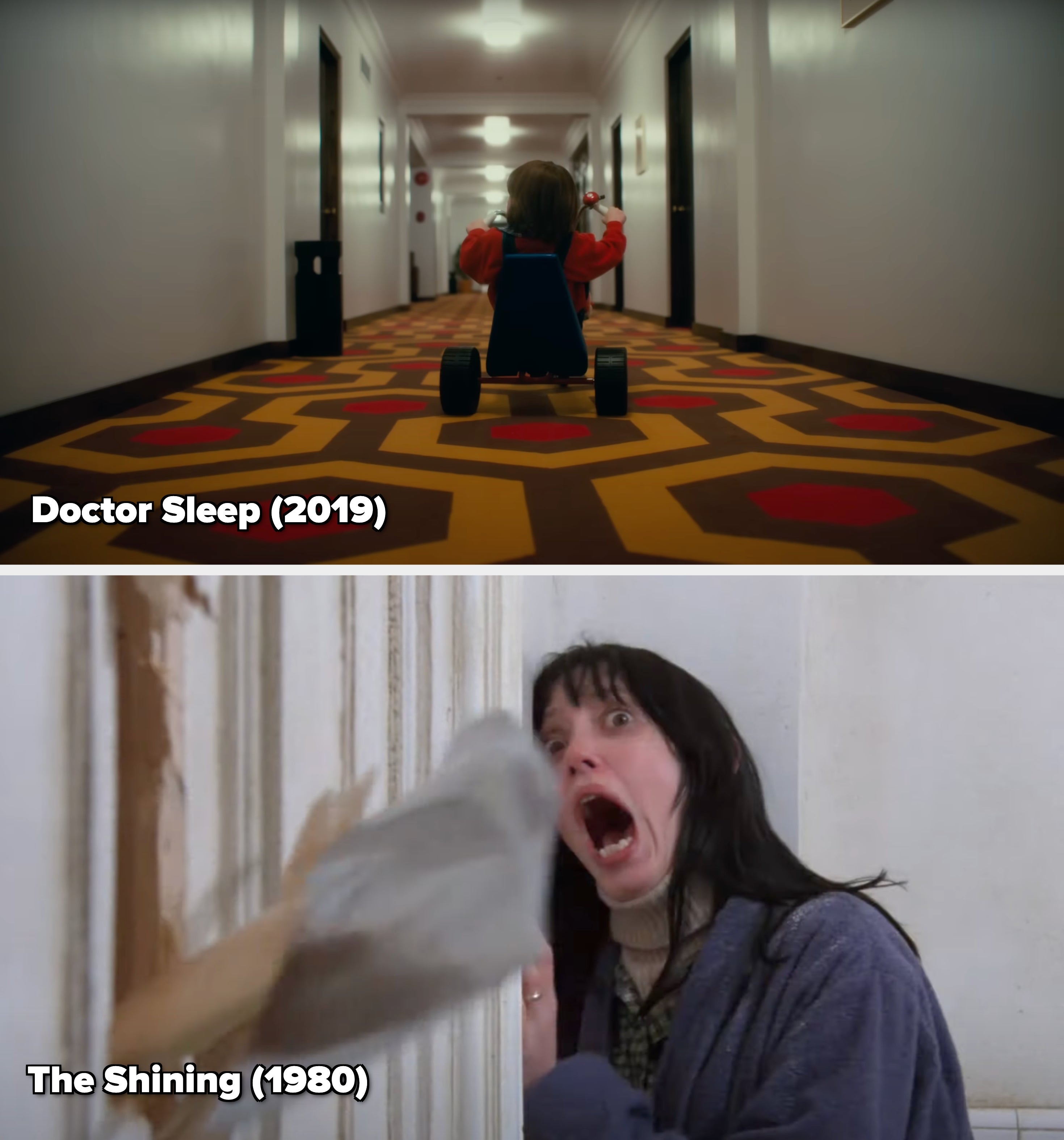 Child in a tricycle rides down a long, patterned hotel hallway, reminiscent of a famous scene from a classic horror film