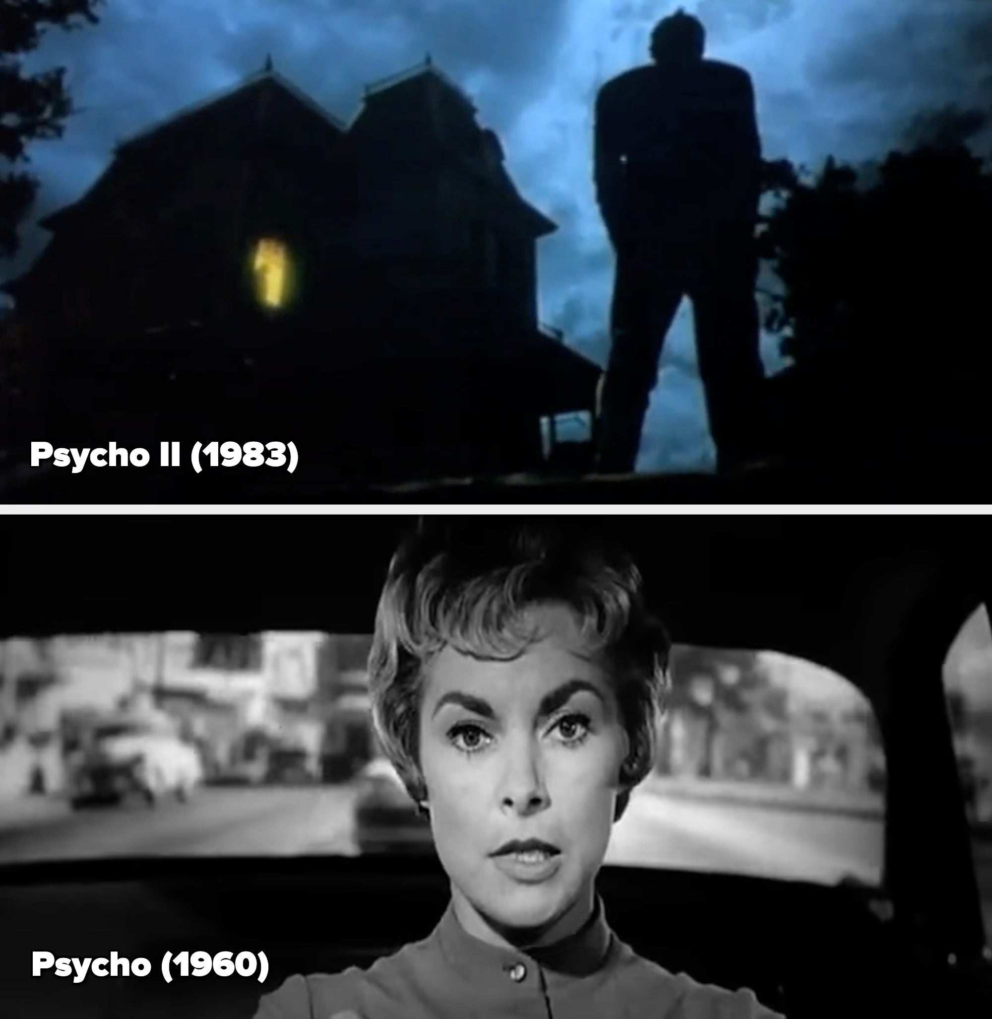 Scene from "Psycho" (1960) showing a woman driving, looking tense