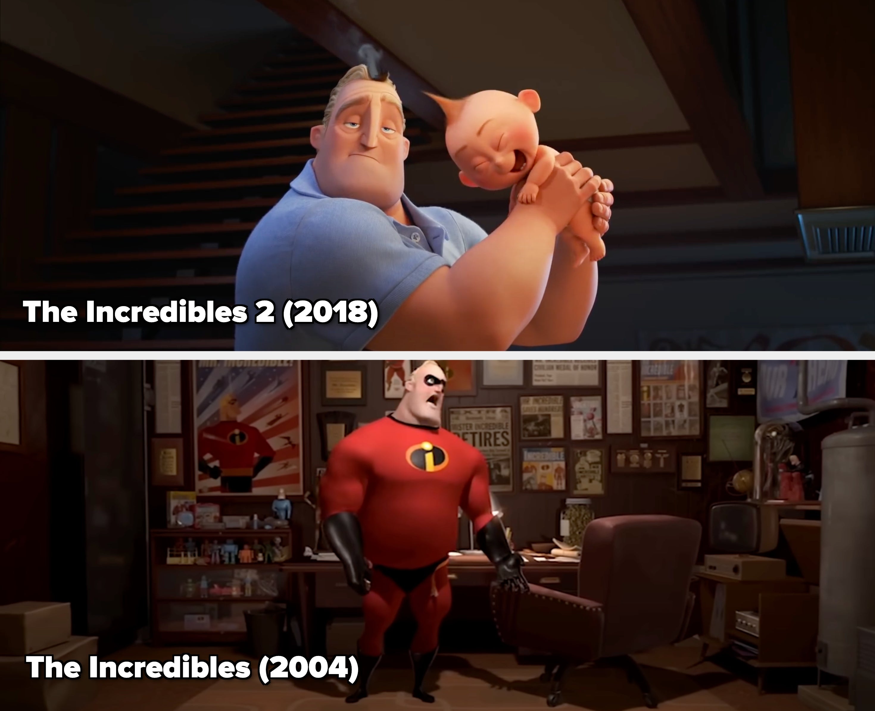 A muscular animated character gently holds a laughing baby, both appearing to be in a cozy, domestic setting