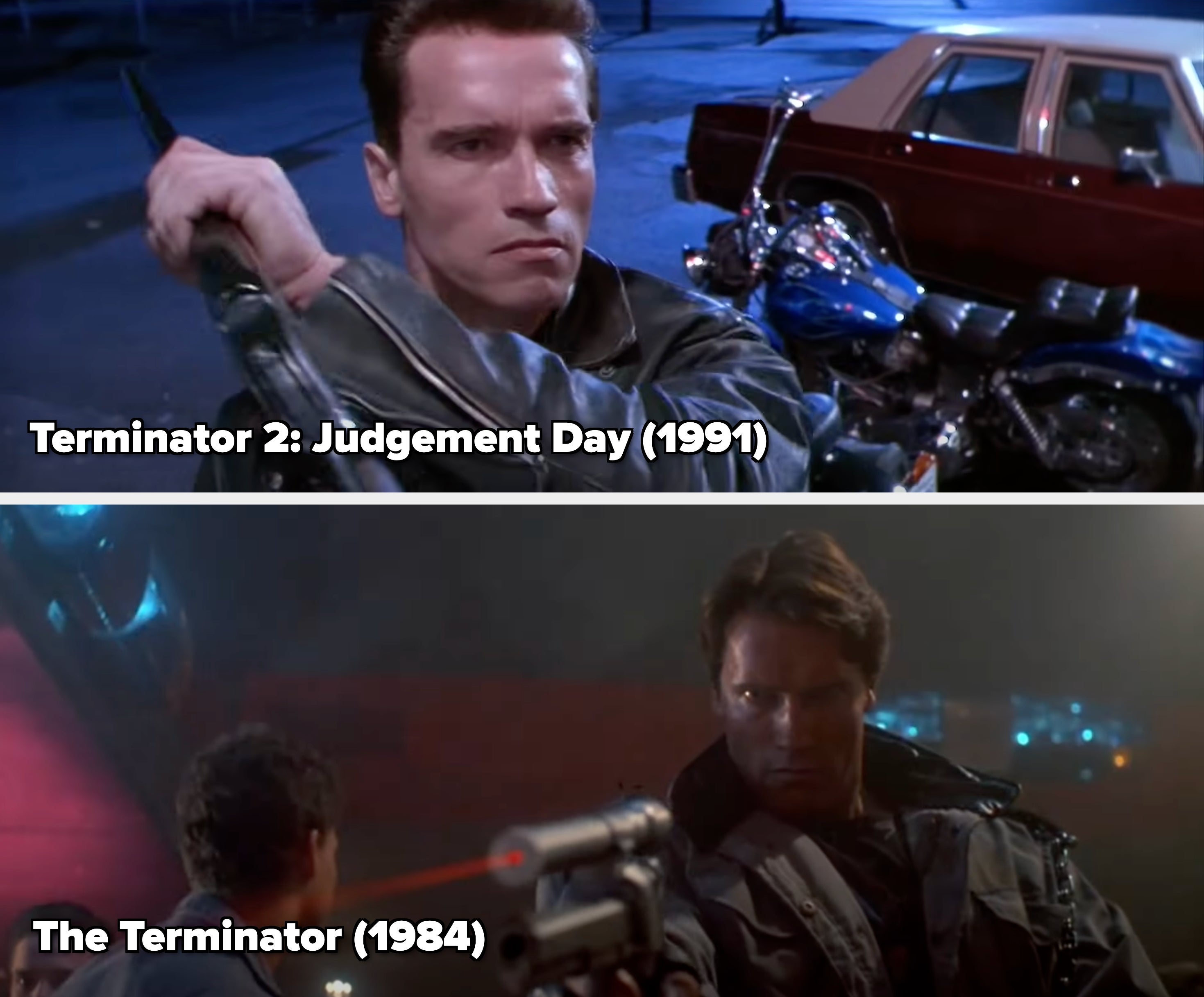 Man holding a shotgun, wearing a leather jacket, standing next to a motorcycle and a car at night