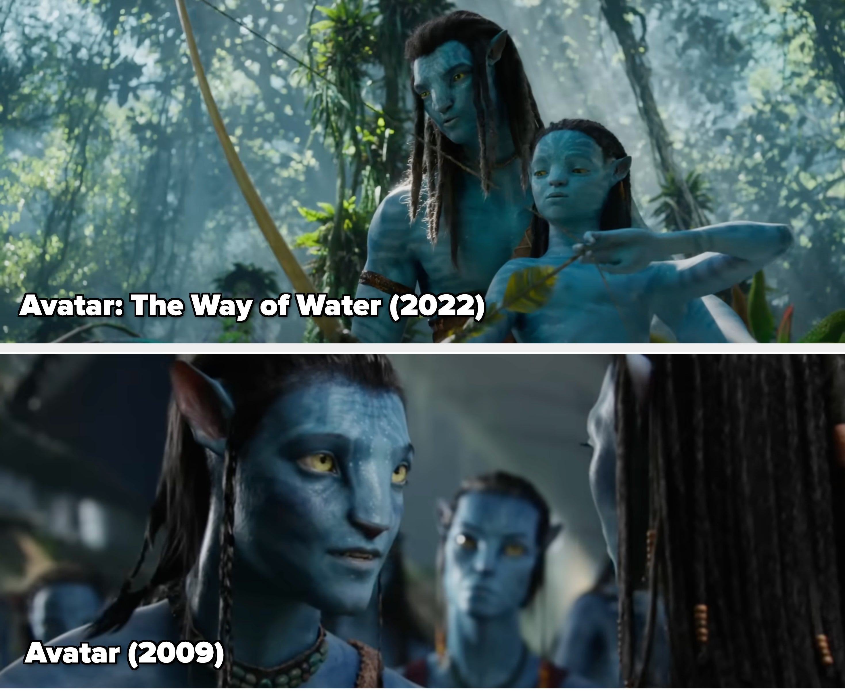 Two characters with blue skin from a movie scene in the jungle, one holding a bow and helping the other with archery