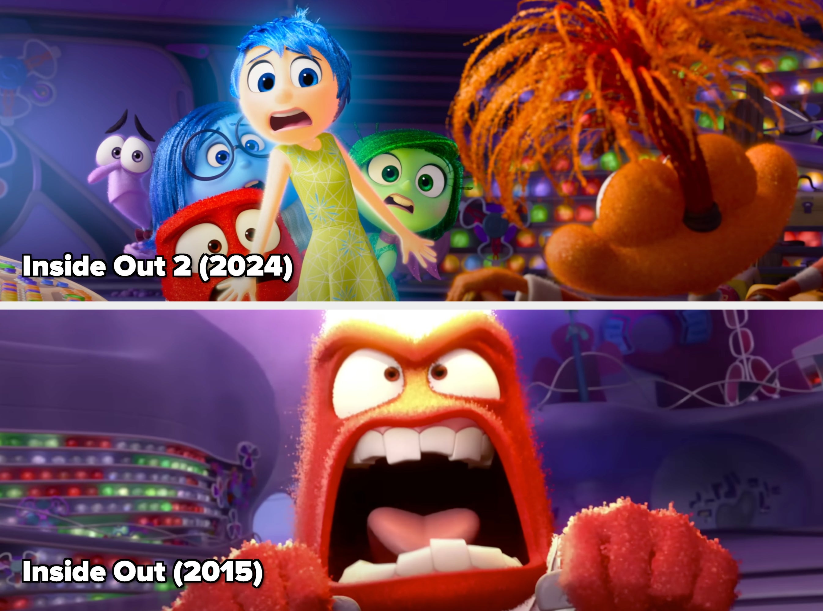 Characters from "Inside Out" look surprised in a brightly lit control room, featuring Joy, Sadness, Fear, Disgust, and Anger facing a fuzzy character
