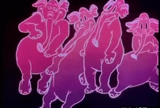 Animated scene of dancing pink elephants in fluid, whimsical movements