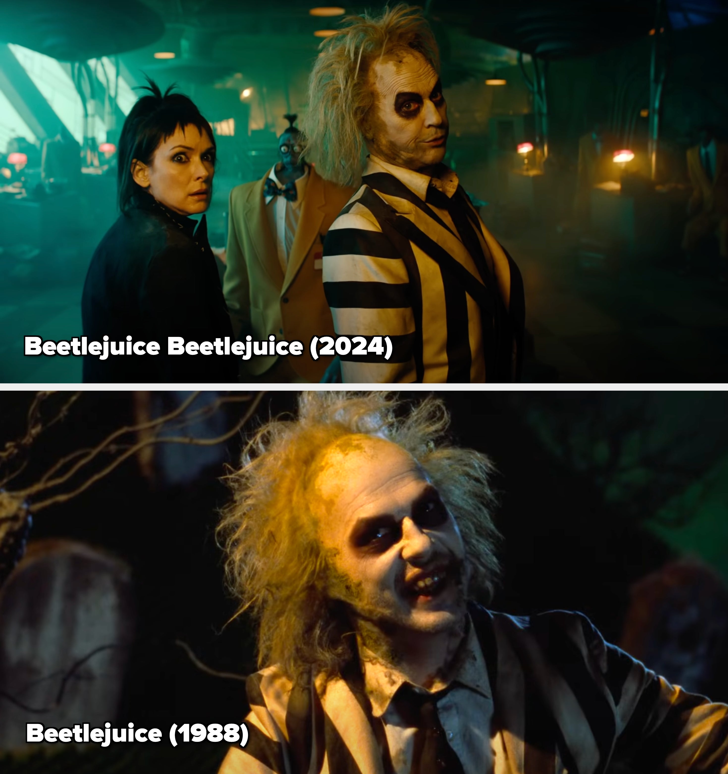 Three characters in a dimly lit, eerie room—one in a striped suit, one with short hair, and a person in a tan jacket. Haunted, gothic atmosphere