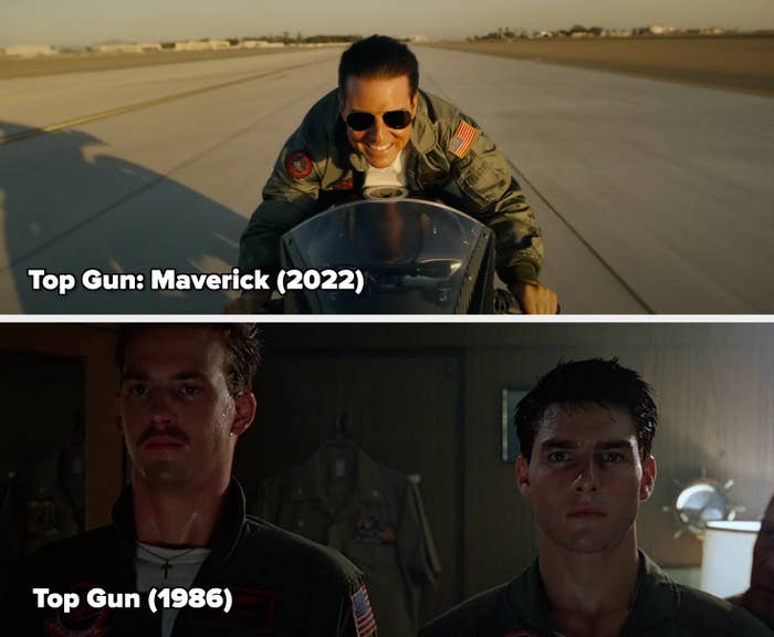 A person in aviator sunglasses and a military-style jacket smiles while riding a motorcycle on a runway