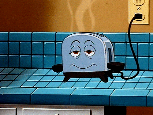 Animated toaster on a tiled kitchen counter has a content smile, steam rising, and its cord plugged into a wall outlet