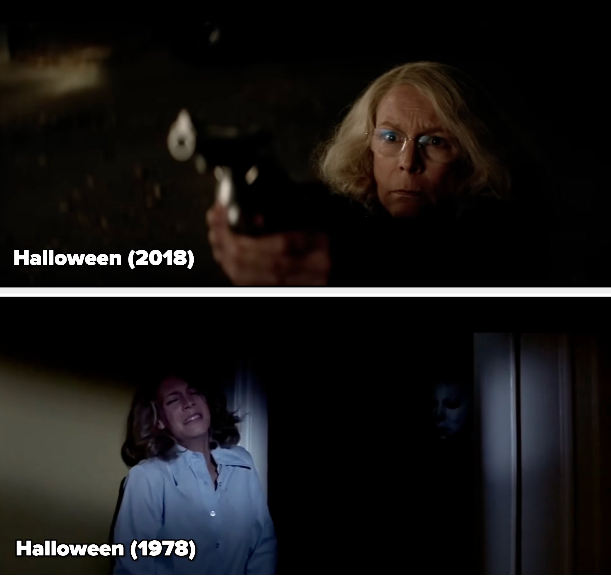 A person with long hair, wearing glasses, points a gun, appearing tense and focused in a dimly lit setting