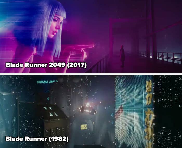 Giant holographic woman with short hair points at a distant person on a futuristic city terrace, creating a dramatic sci-fi scene