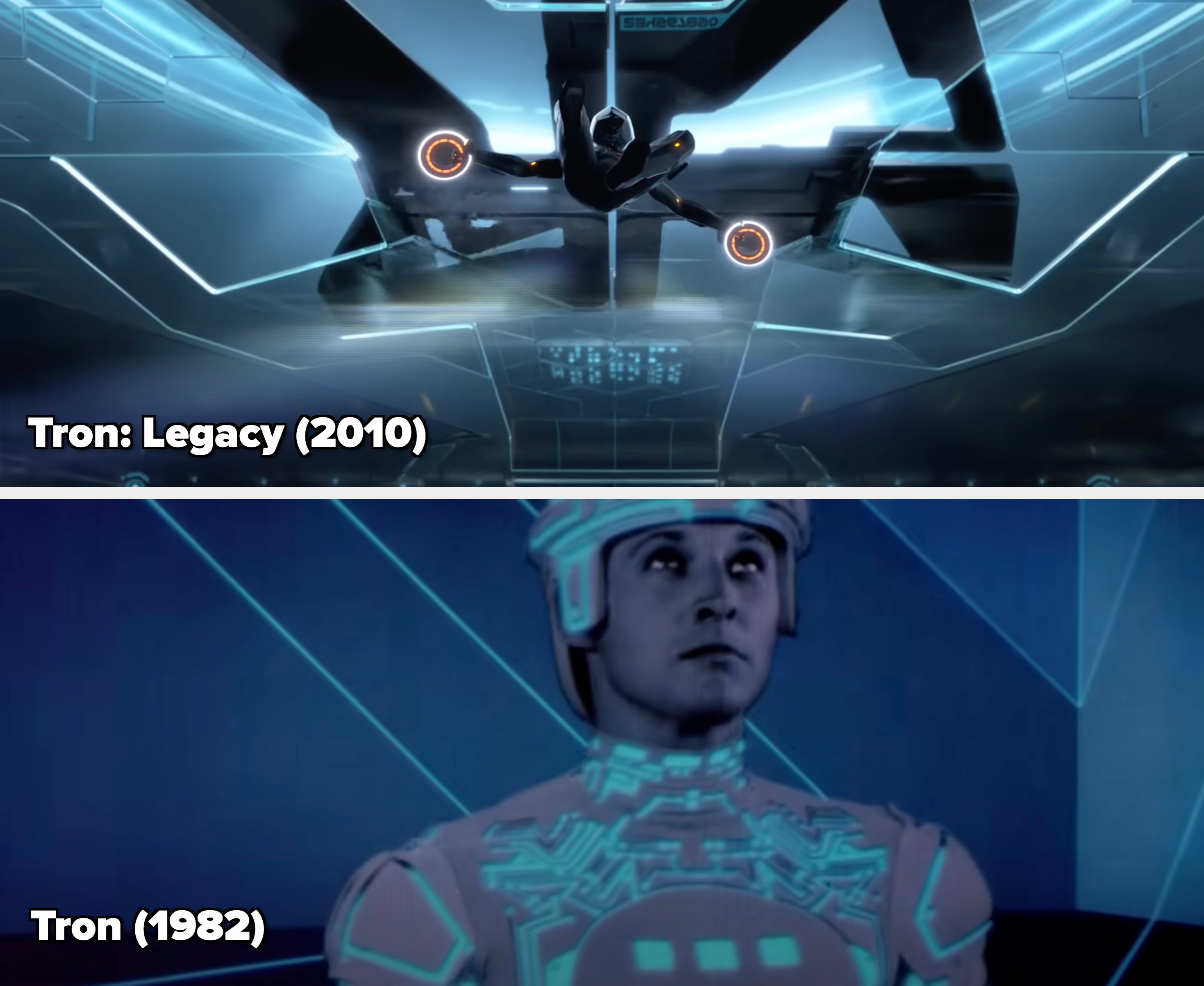 A futuristic scene with a figure in a high-tech suit gliding in a glowing, digital environment, holding two glowing discs