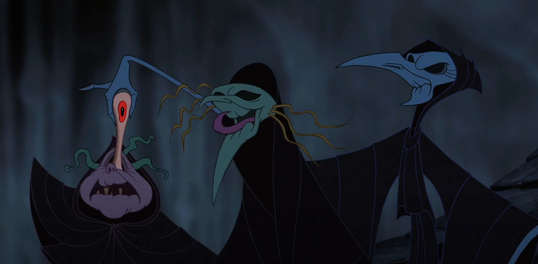 Three eerie, stylized animated characters with unusual long faces and beaks, wearing dark cloaks and casting mysterious expressions