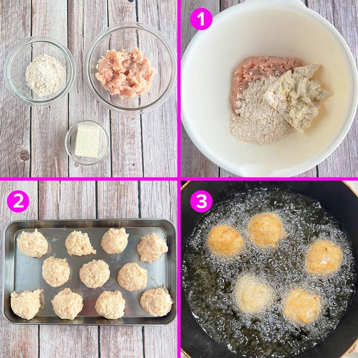 鶏団子の料理手順: 材料を混ぜる、団子を成形、油で揚げる。