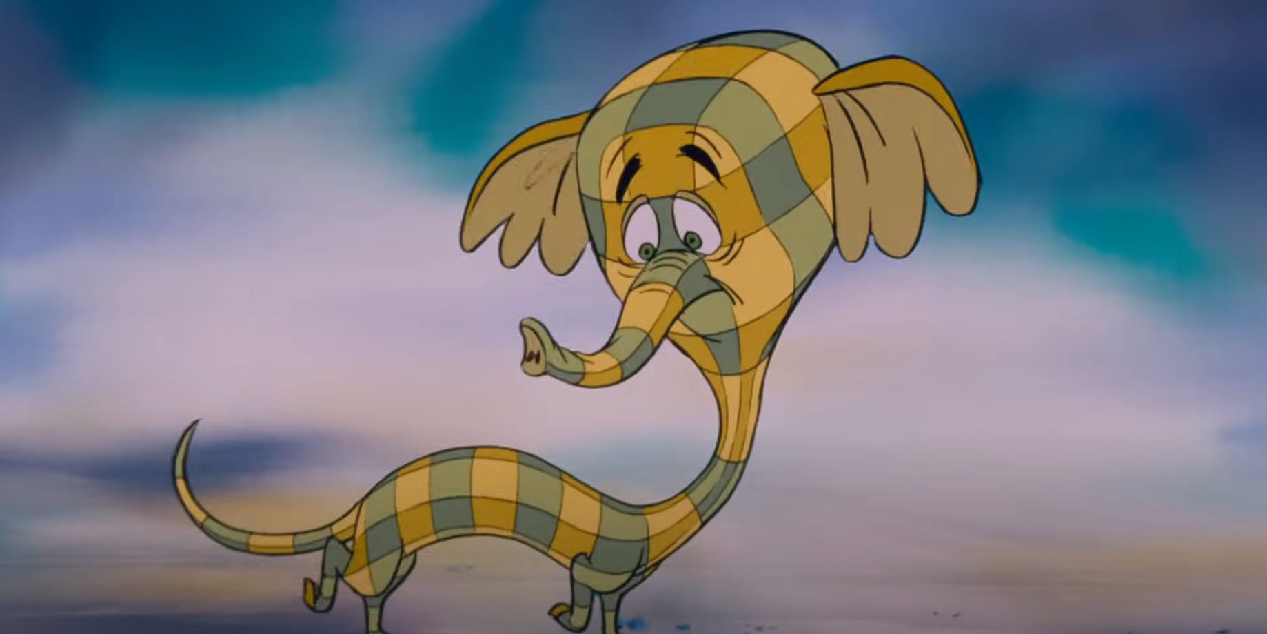 Cartoon character with patchwork pattern, large floppy ears, and a long, twisty trunk, standing in a dreamy, cloud-like setting