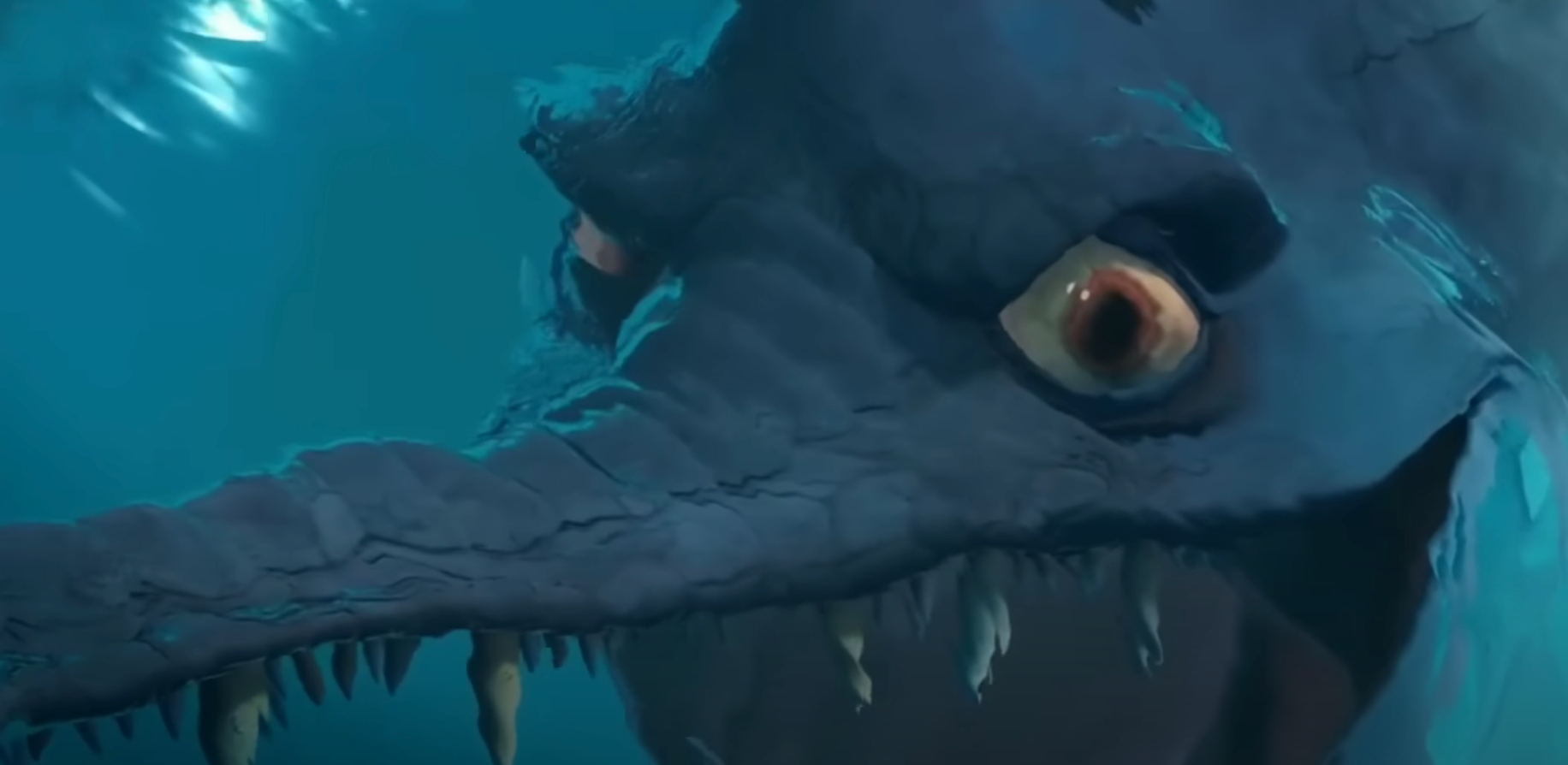 A large sea creature with rough skin and sharp teeth stares intently underwater, exuding a menacing presence