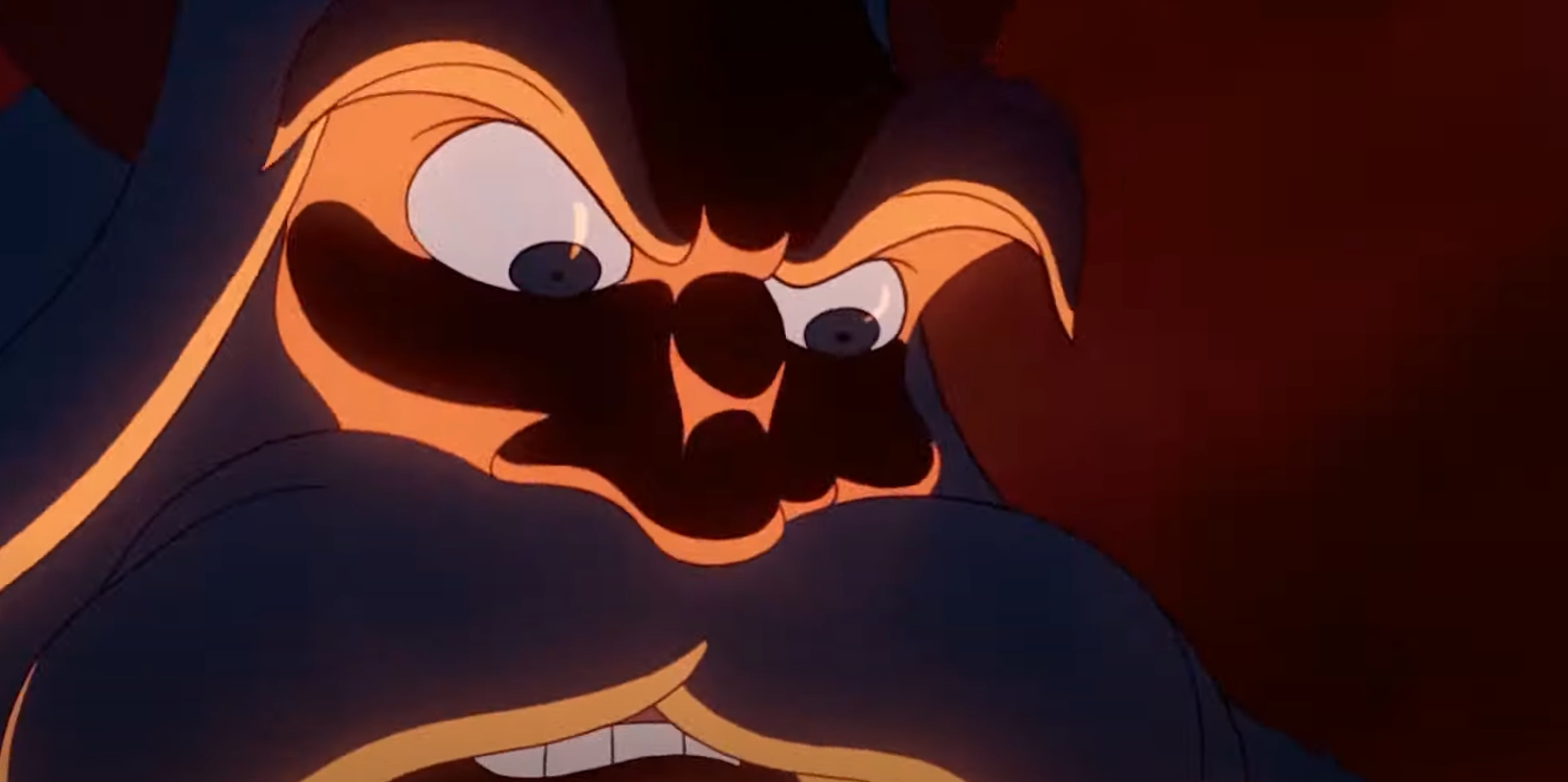 Close-up of an animated character with an intense expression and glowing eyes, suggesting a dramatic or tense moment