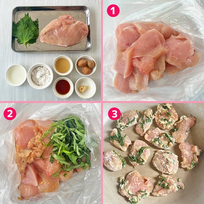 鶏むね肉の調理プロセス。1. 鶏むね肉を切る。2. 調味料と大葉、梅を混ぜる。3. フライパンで焼く。