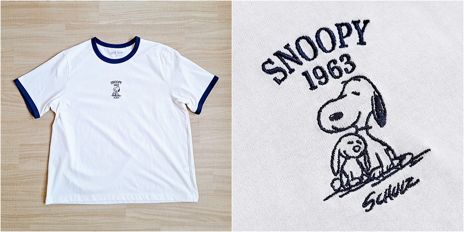 スヌーピーとウサギの刺繍が入った白いTシャツが床に置かれている。