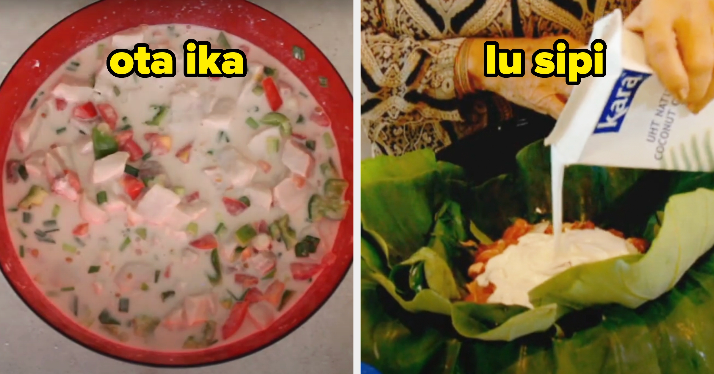 Two dishes: "ota ika" with fish and vegetables in coconut milk, "lu sipi" with meat and coconut milk poured over leaves