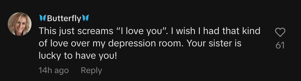 Commenter praises a room makeover, expressing envy and admiration for the love shown