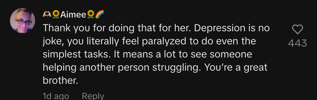 Comment thanking someone for helping a person with depression, noting its difficulty and praising the helper as a great brother