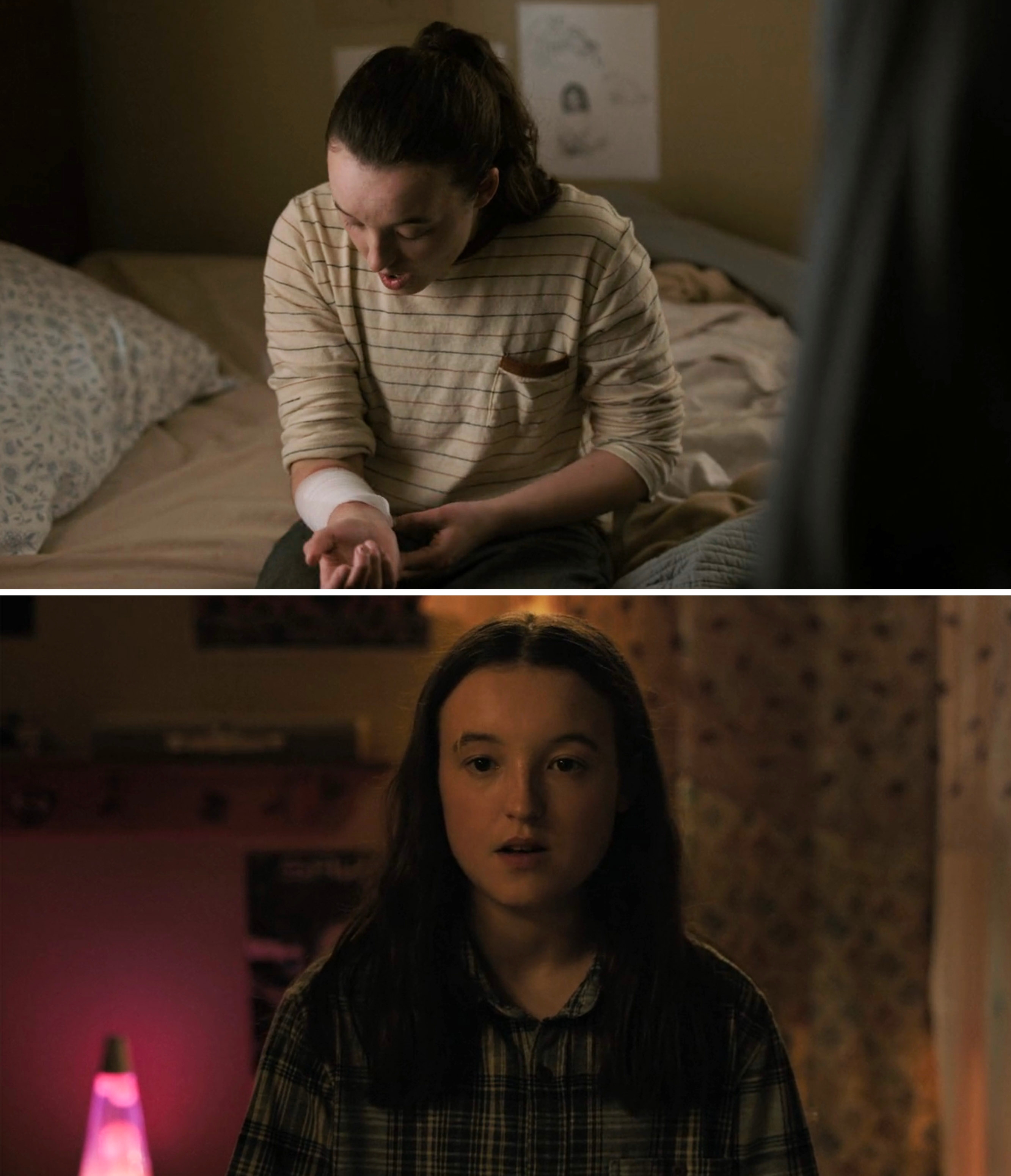 Two images of Ellie in flashbacks showing her with a white striped shirt vs. a dark flannel