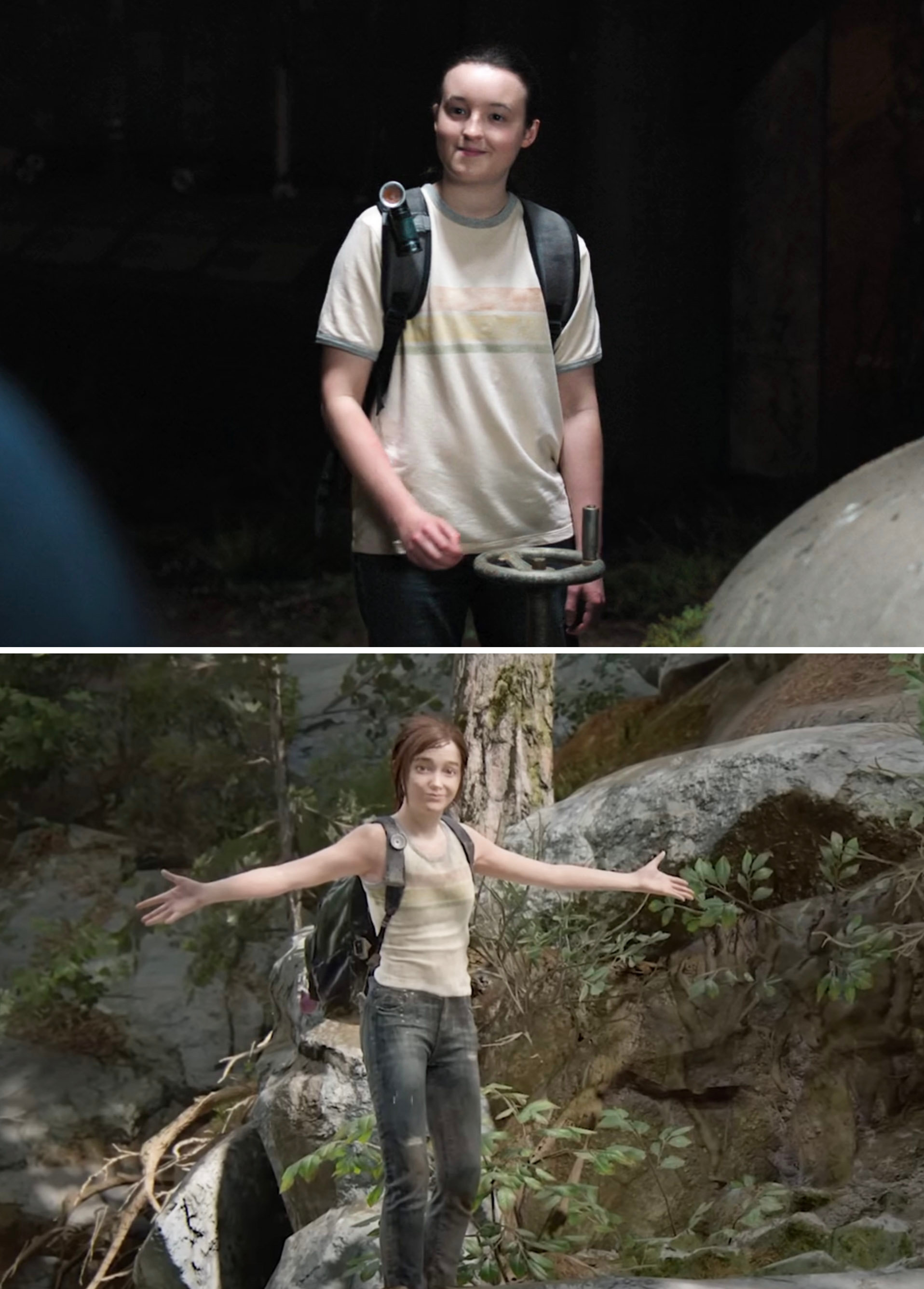 Ellie wearing a rainbow striped shirt in the show vs. game