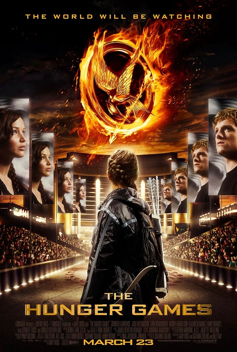 Movie poster for "The Hunger Games" with a central figure holding a bow and arrow, surrounded by character portraits. Release date: March 23