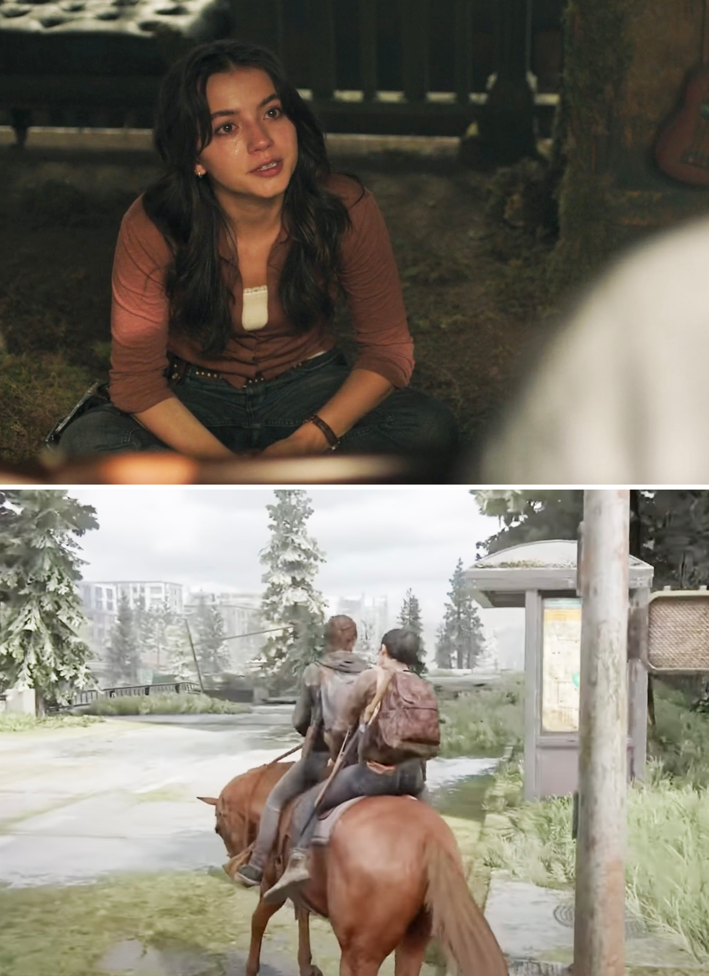 Dina sitting listening to Ellie play guitar vs. Dina riding behind Ellie on Shimmer in the video game