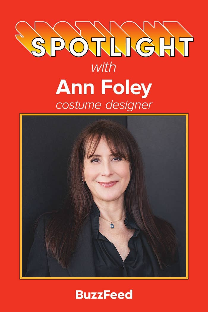 Ann Foley, a costume designer, in a BuzzFeed Spotlight feature, wearing a black jacket and blouse, with text highlighting her profession