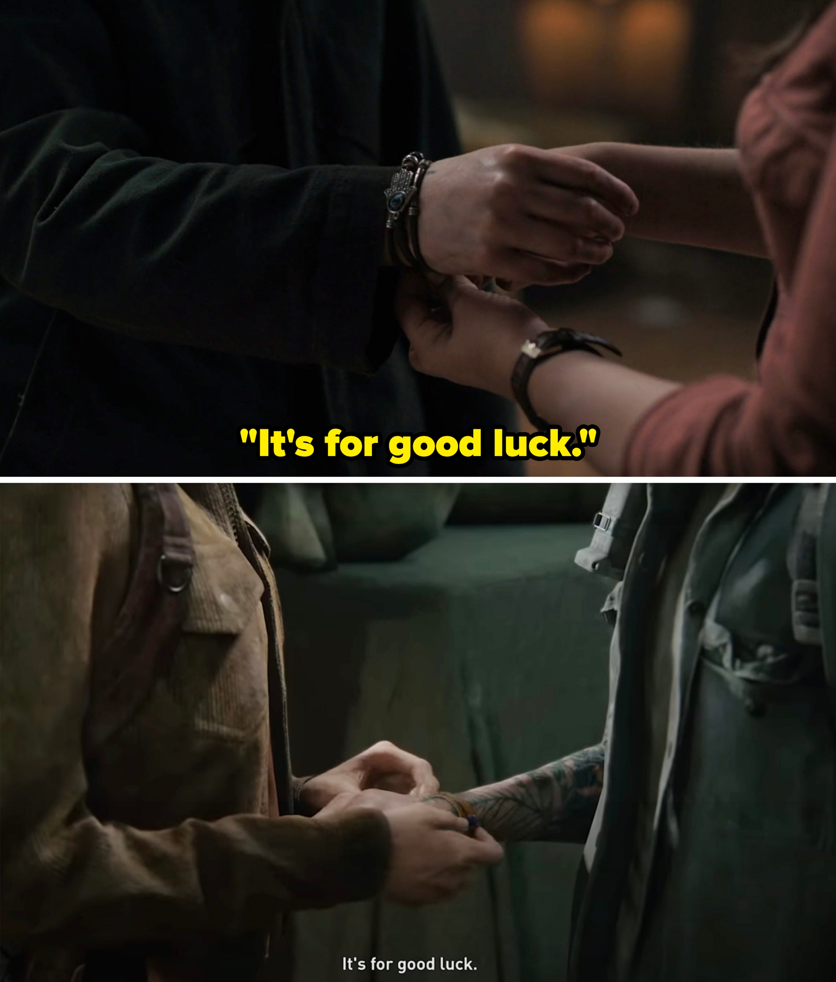 Dina giving Ellie her bracelet and saying "It's for good luck" in the show vs. game