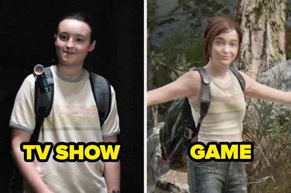 Ellie in a striped shirt in The Last of Us TV show vs. video game