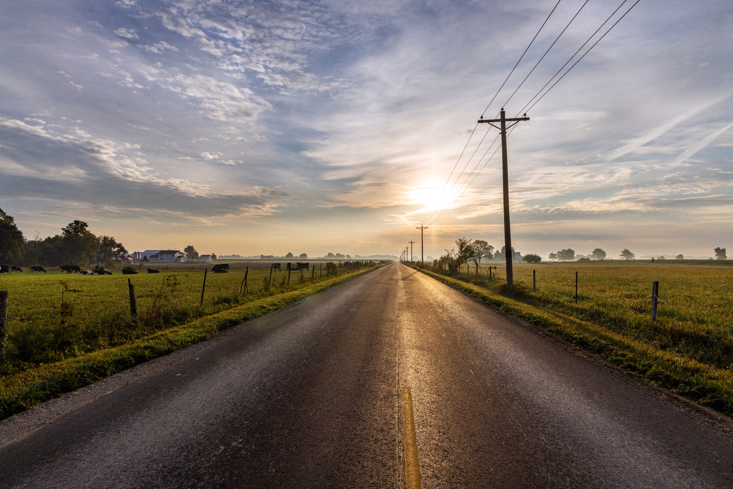 Straight rural road with distant trees and telephone poles on either side, leading into a horizon where the sun is setting or rising in a partly cloudy sky