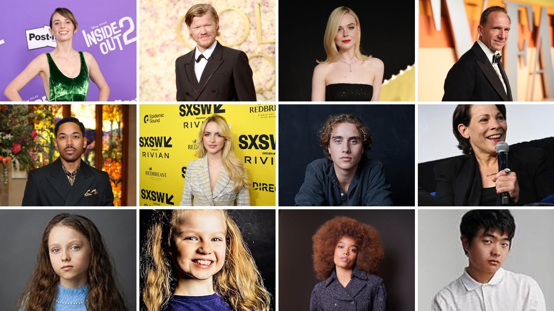 Grid of people at events; formal attire visible