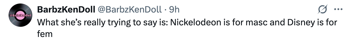 Tweet suggests Nickelodeon is for masculine audiences and Disney is for feminine audiences