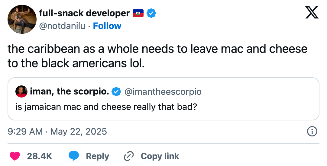 Tweet discussing the quality of Jamaican mac and cheese, suggesting it's better left to Black Americans