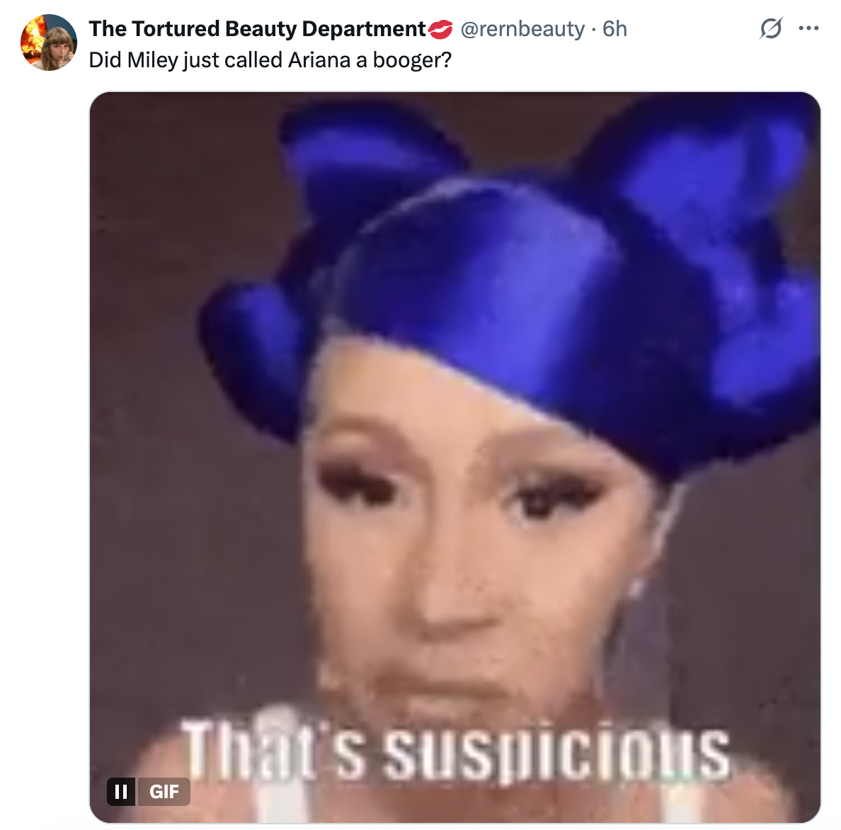 Person with blue hair bows looking skeptical, with the caption "That's suspicious" overlaying the image