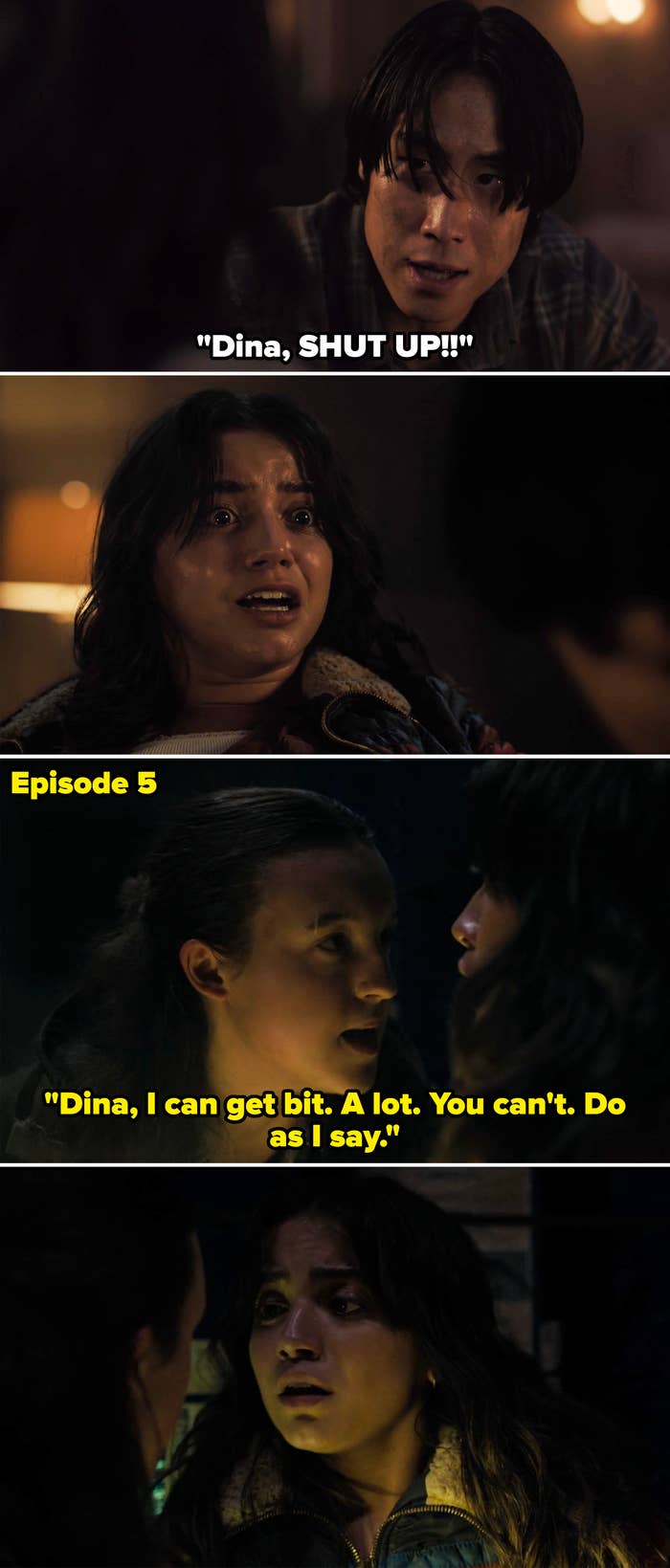 A dramatic scene showing two intense conversations between characters from a TV show. Emotions are high as they exchange serious expressions