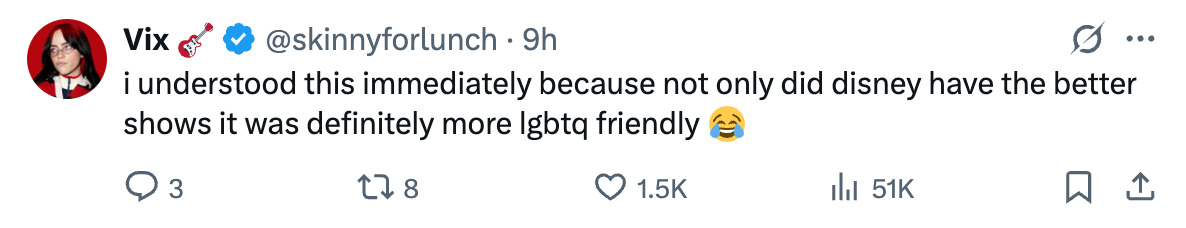 Tweet discussing how Disney had better shows and was more LGBTQ-friendly