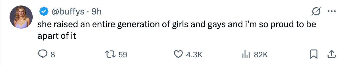 Tweet saying, "she raised an entire generation of girls and gays and i'm so proud to be apart of it" with engagement stats below