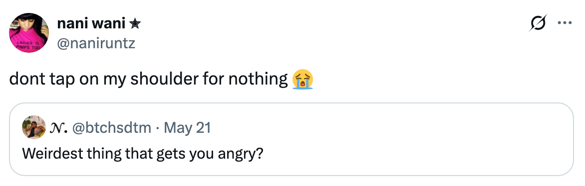 Tweet responding to a question about weird things that cause anger, referencing unnecessary shoulder taps
