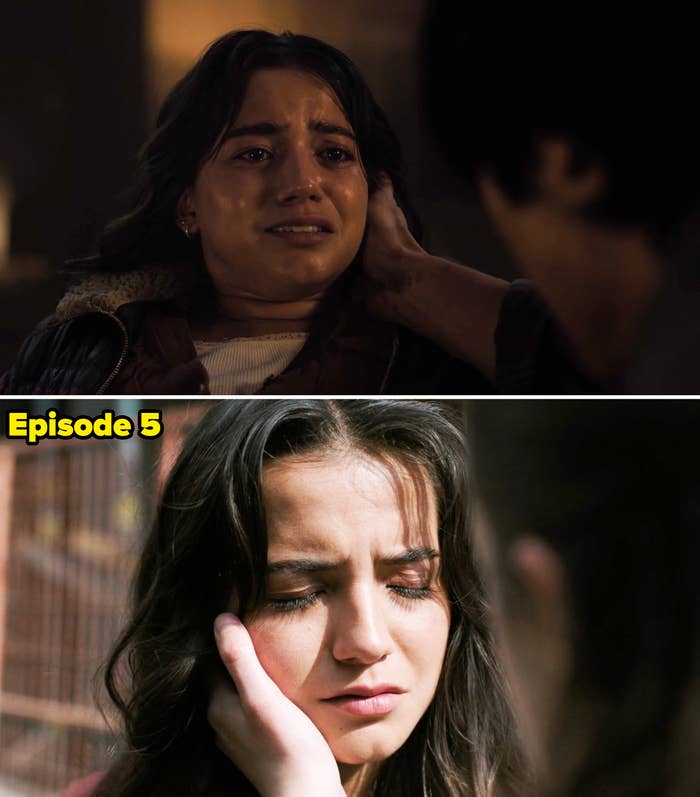Two scenes show a woman tearful, being comforted by someone off-screen, conveying intense emotion